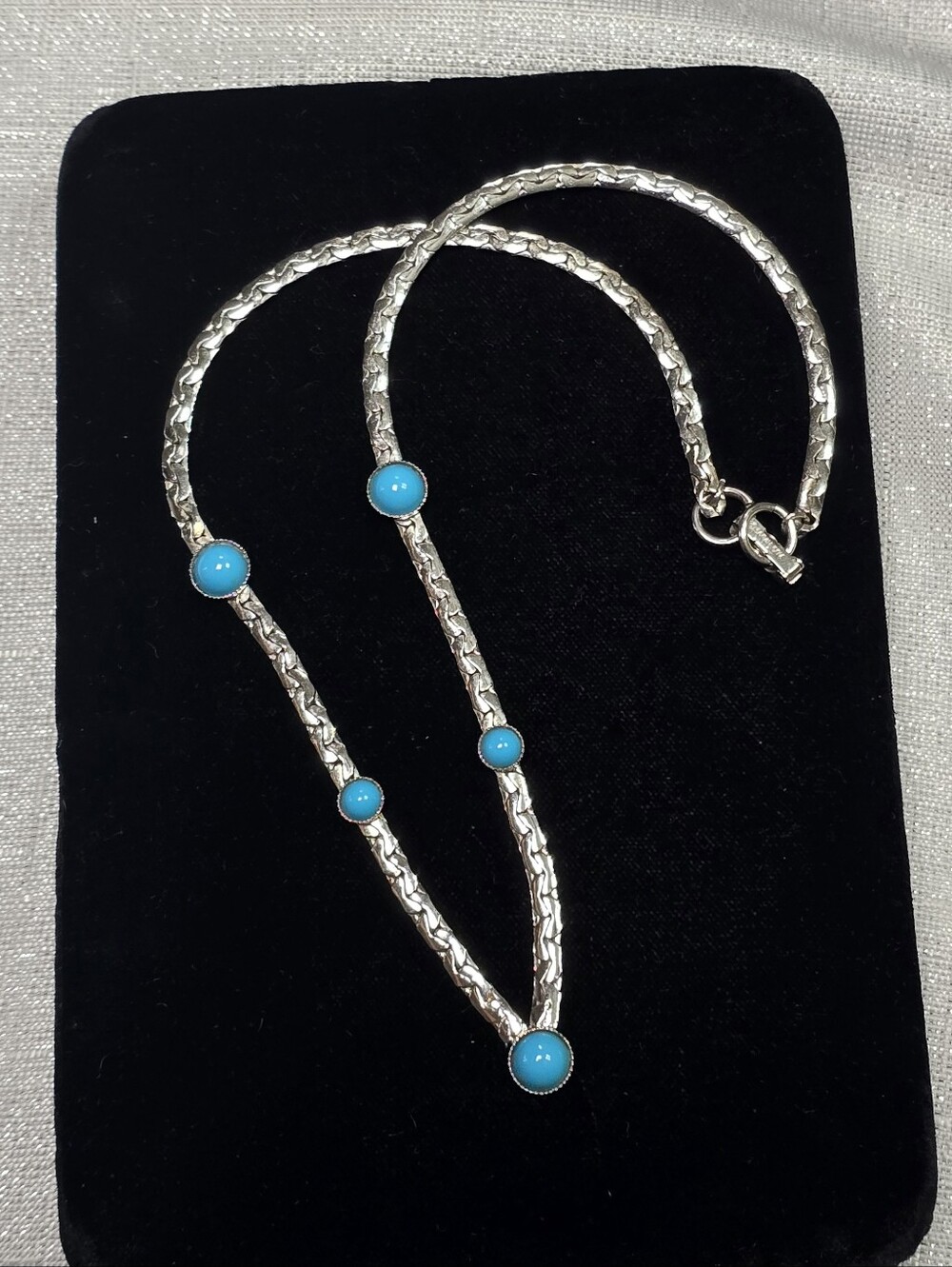 Sarah Coventry 1976 V-Shaped Silver Tone Necklace with Faux Turquoise Cabochons